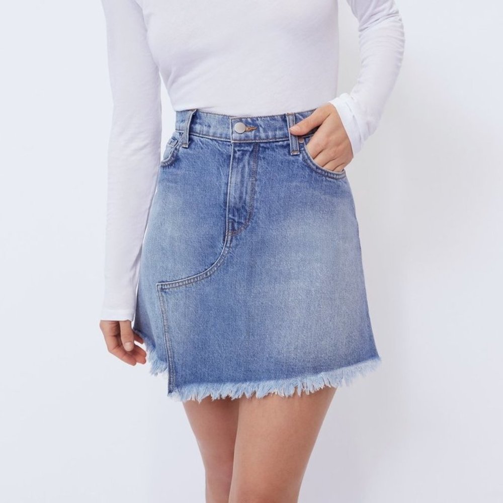 NEW BALDWIN Women Andie Asymmetric Fringe Hem Zipper Denim Jean High Waist Skirt
